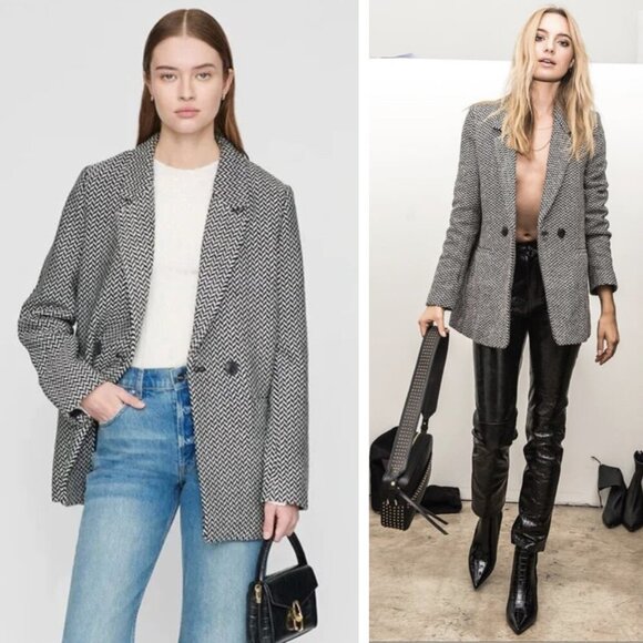 NEW Anine Bing Fishbone Blazer Black Off-White Relaxed Fit Preppy Academia Wool - Picture 1 of 10